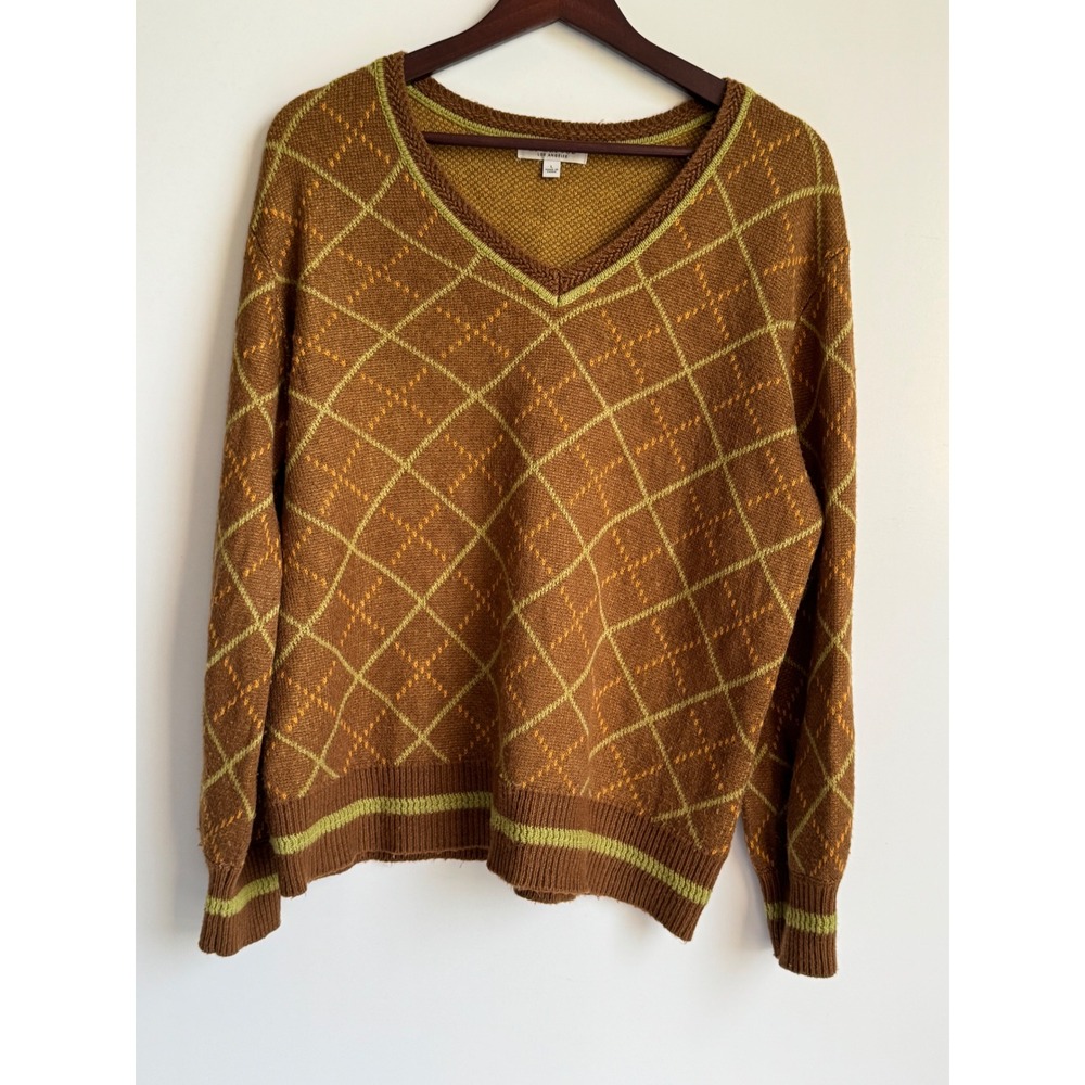 Liverpool Los Angeles Argyle V-Neck Sweater Caramel Green Large Preppy Academia